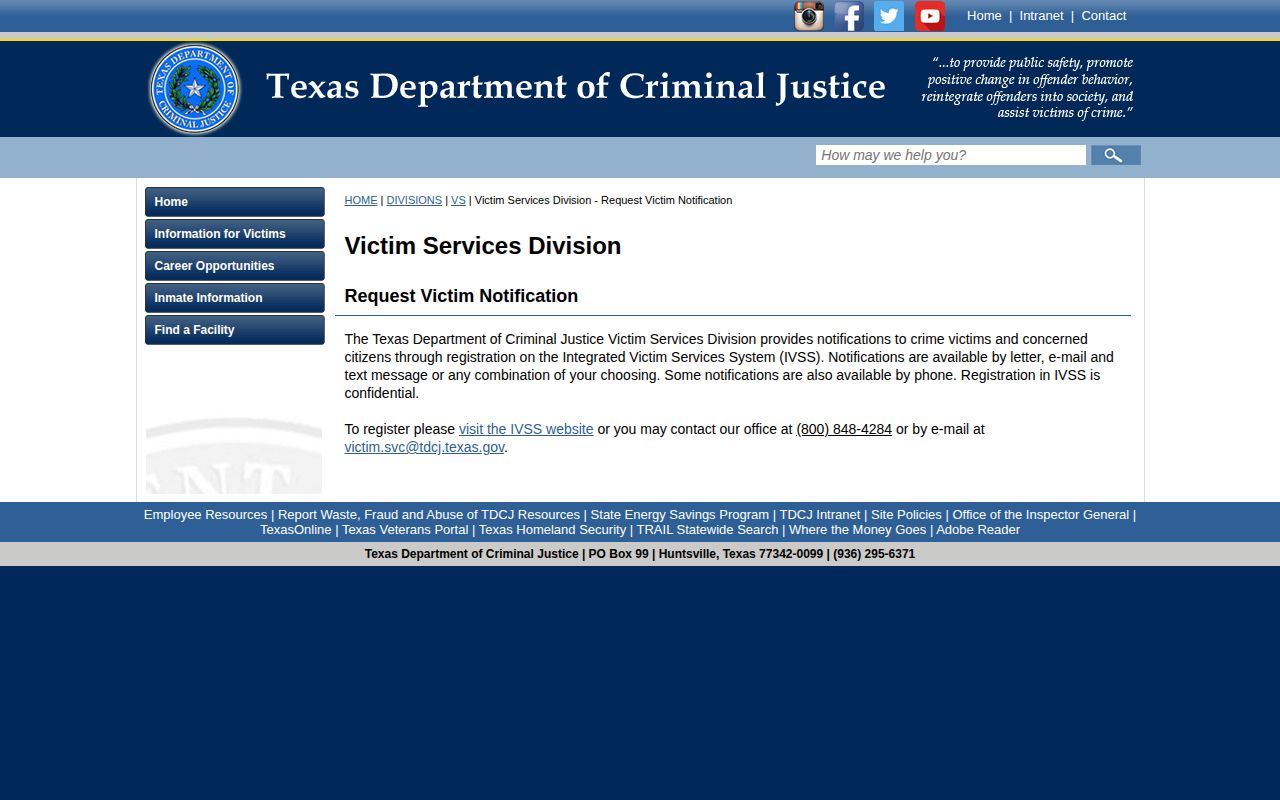 Wilson County state-prison release notification through TDCJ IVSS