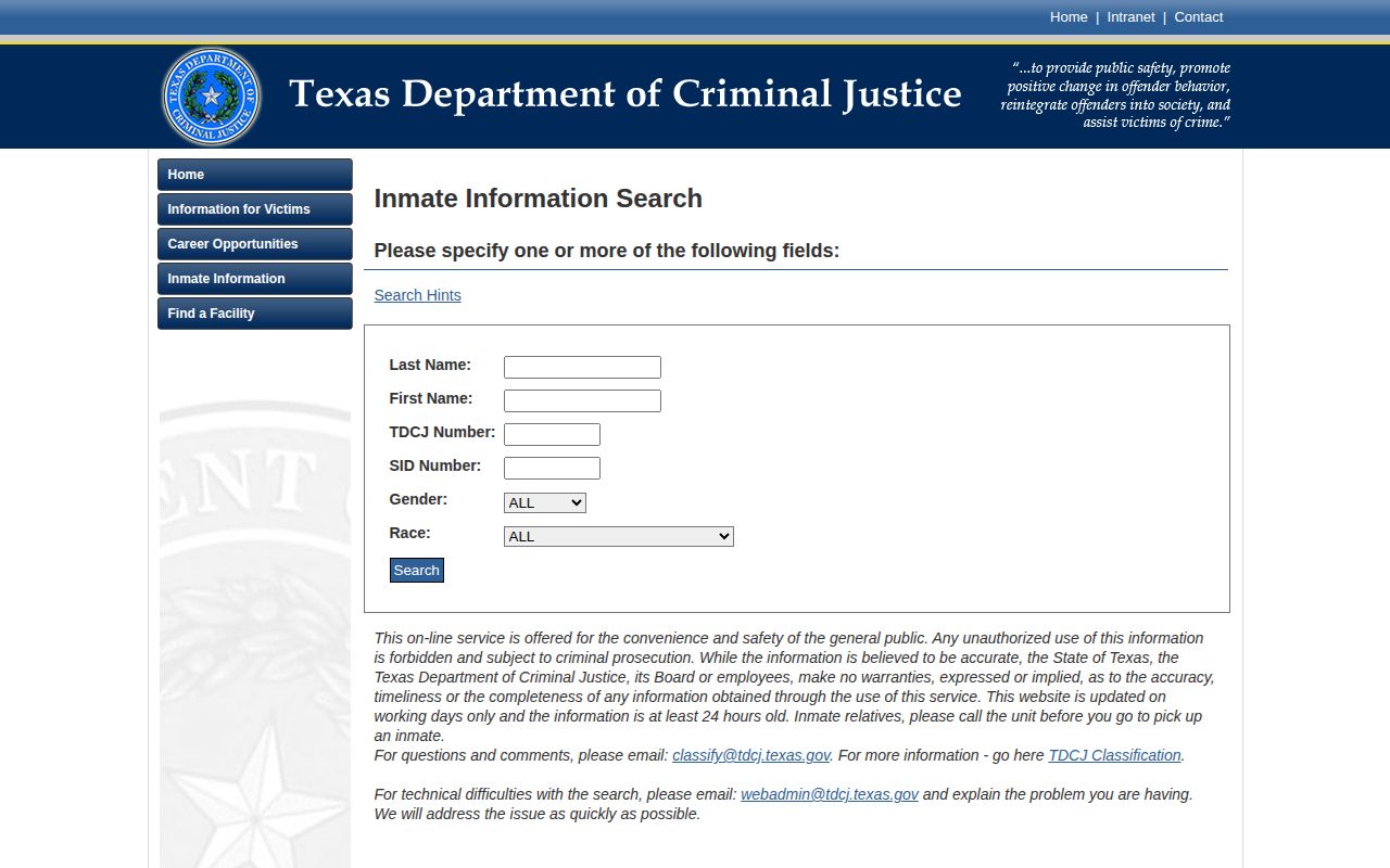 Wilson County TDCJ release search fields for current state inmates