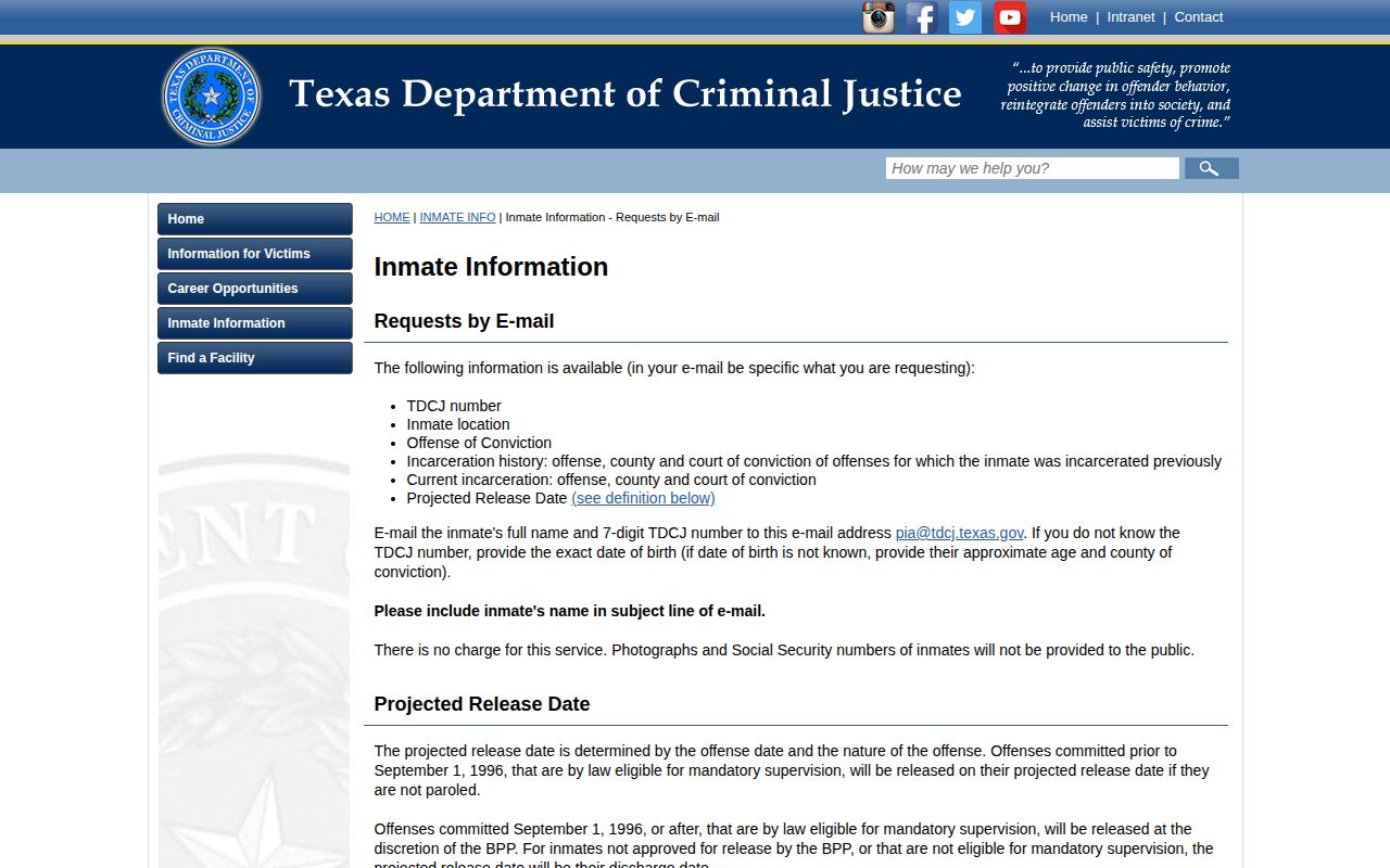 TDCJ projected release date information for Wilson County cases