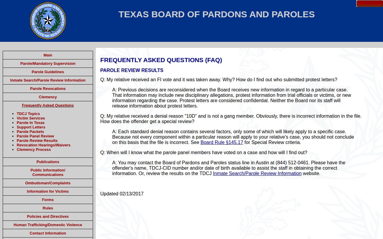 Wilson County parole review result codes for post-release supervision